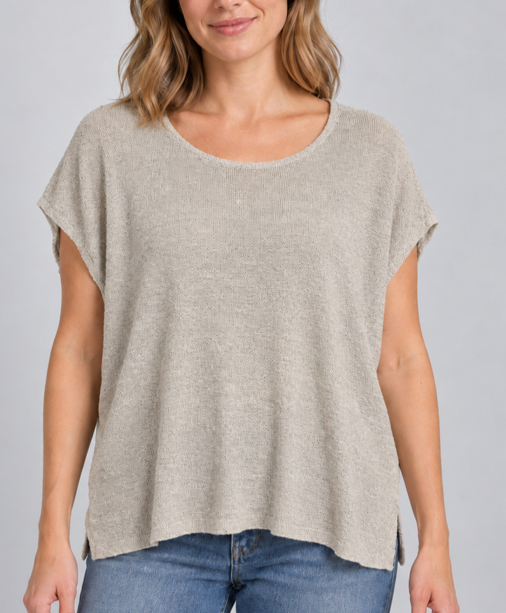 Eileen Fisher Women L Organic Linen Cotton Beige Boxy Knit Sweater Top Lagenlook